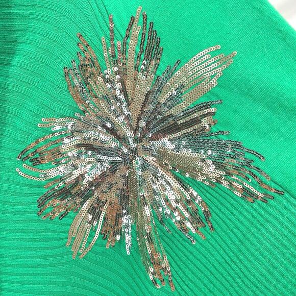 Bright Green Holiday Cardigan Open Front Gold Sequin Flower Sunbursts INC size M - Picture 6 of 9